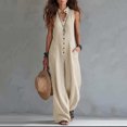 thumbnail image 2 of Women's Cotton Breathable Casual Jumpsuit, V-Neck Sleeveless Button Front, Solid Color, Loose Fit, Elastic Waist Design, Versatile Work & Weekend Outings, Ladies Soft | VerBelle,Khaki L, 2 of 8