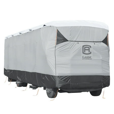 Classic Accessories OverDrive SkyShield™ Deluxe Tyvek® RV Class A Travel Trailer Cover, Fits 40' - 42' RVs - Water Repellent Tyvek® RV Cover, Black/Grey/Snow (Best Bunkhouse Travel Trailer 2019)