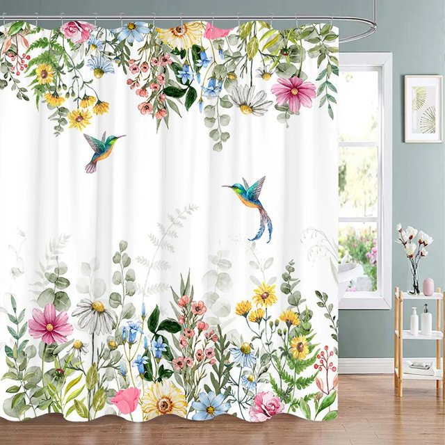 Spring Botanical Floral Shower Curtain Watercolour Style Floral Landscape Washable Fabric Bath Curtain Bathroom Decor With Hooks LS
