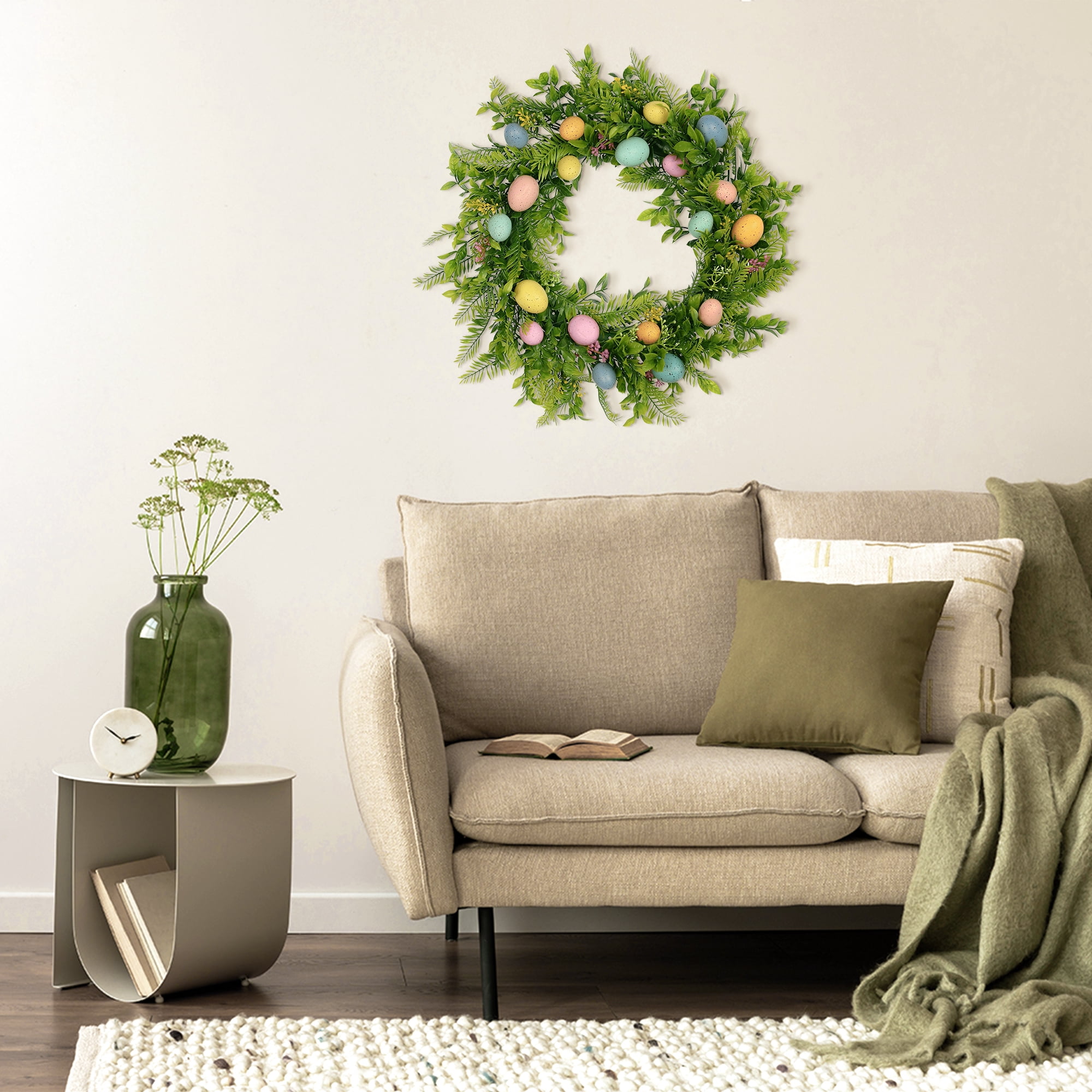 Unique Bargains Easter Wreath Artificial Colorful Eggs Wreaths for Front Door Decor Green