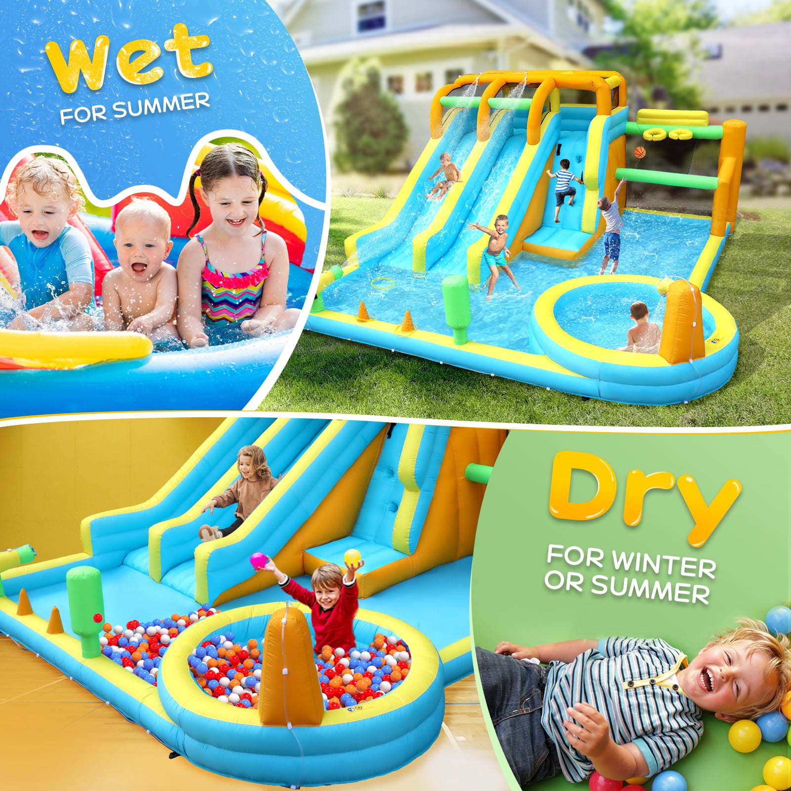 Ktaxon 11-in-1 Inflatable Water Slide Bounce House with Blower, Double Slides Water Park, Pool & Basketball & Football Games for Kids Backyard