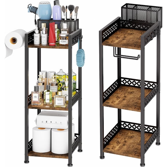 Bathroom Organizers and Storage Shelf with Toilet Paper Holder | 3-Tier freestanding 9.85″ narrow bathroom storage rack, With 3-compartment basket, hooks and non-slip feet, Rustic farmhouse