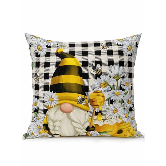 Outdoor Pillows Waterproof, Daisy Floral Bedding Throw Pillows with Insert for Couch Sofa Bed, Bee Gnomes Flowers Black White Plaid 16x16 Inch Pillowcases Decorative Camping Patio Pillow Set of 1