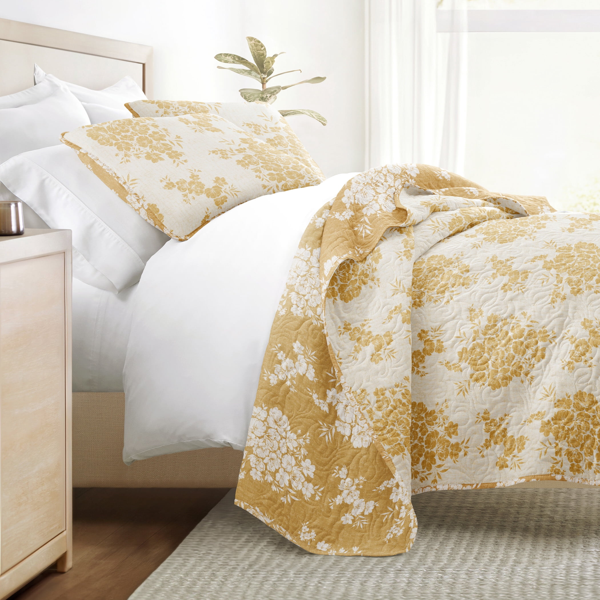 Lightweight Quilt Sets - Wrinkle Free - Coverlet Mustard Yellow Floral Patterns for Full/Queen Size Bedding by Comfort Canopy