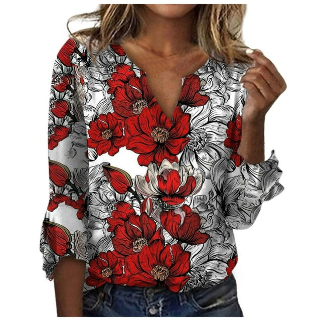 T-Shirts pour Femmes Col en V Décontracté Manches 7 Points Haut Respirant T-Shirt Doux Surdimensionné Femmes Rouge TG