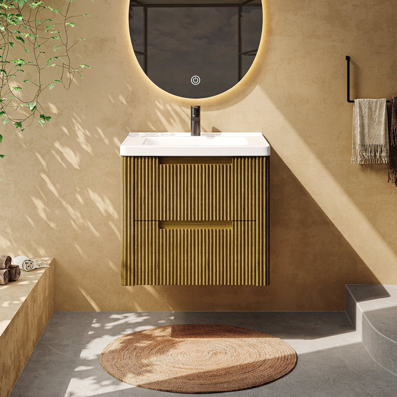 ROGALIS 24" Modern Bathroom Vanity, 2-Drawer, glossy resin Sink, Fluted Design, Drak Gold