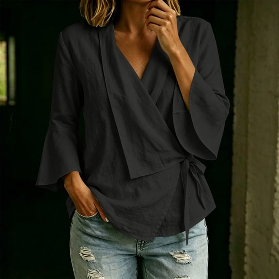 NTACZA Summer Tops for Women 2026 3/4 Sleeve Blouse V-Neck Casual Tie Asymmetric Relaxed Fit Shirts Vacation Beach Black L