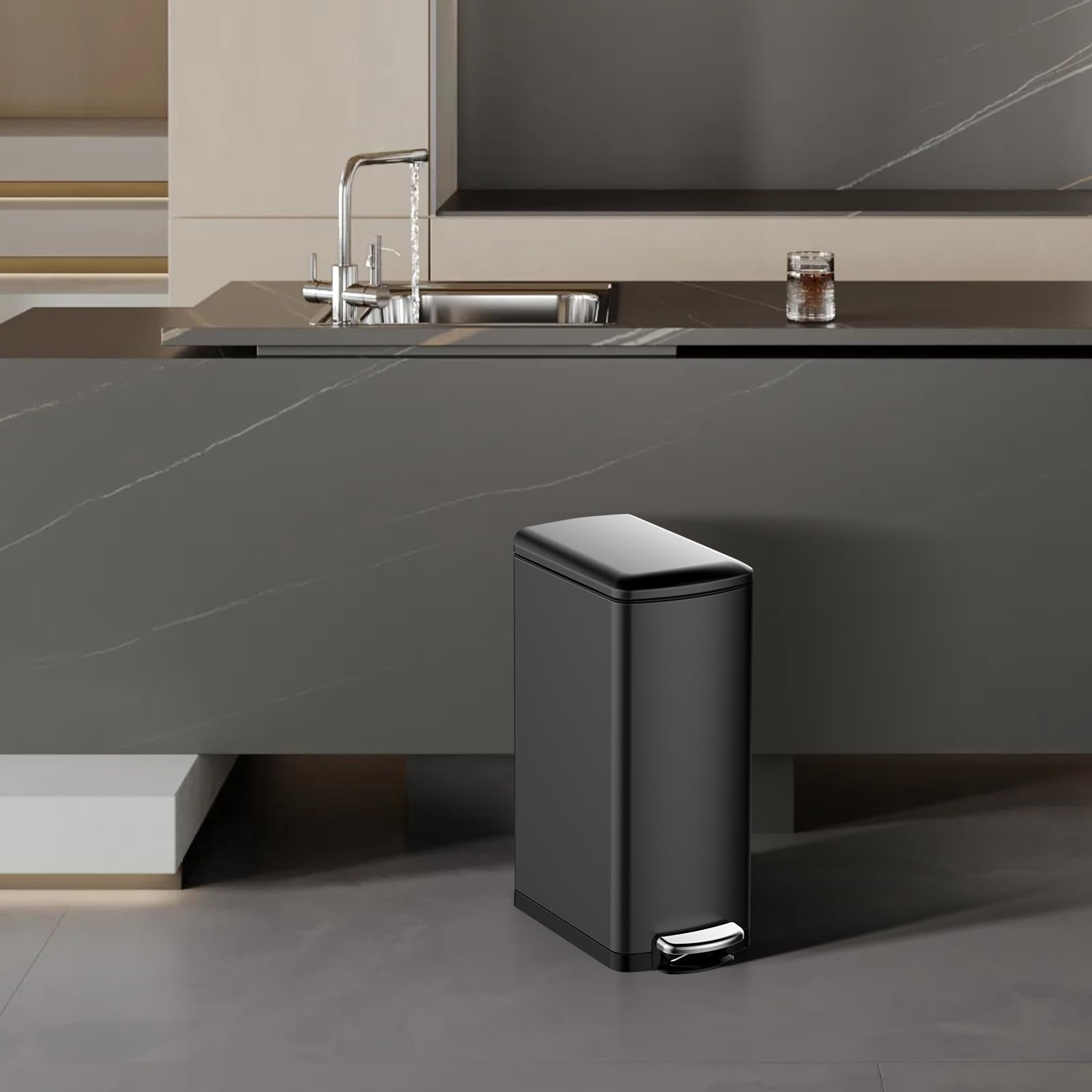 8 Gallon Kitchen Trash Can, Step-On Stainless Steel Slim Garbage Bin with Soft-Close Lid and Inner Wastebasket for Narrow Spaces in Office, Bathroom, Kitchen