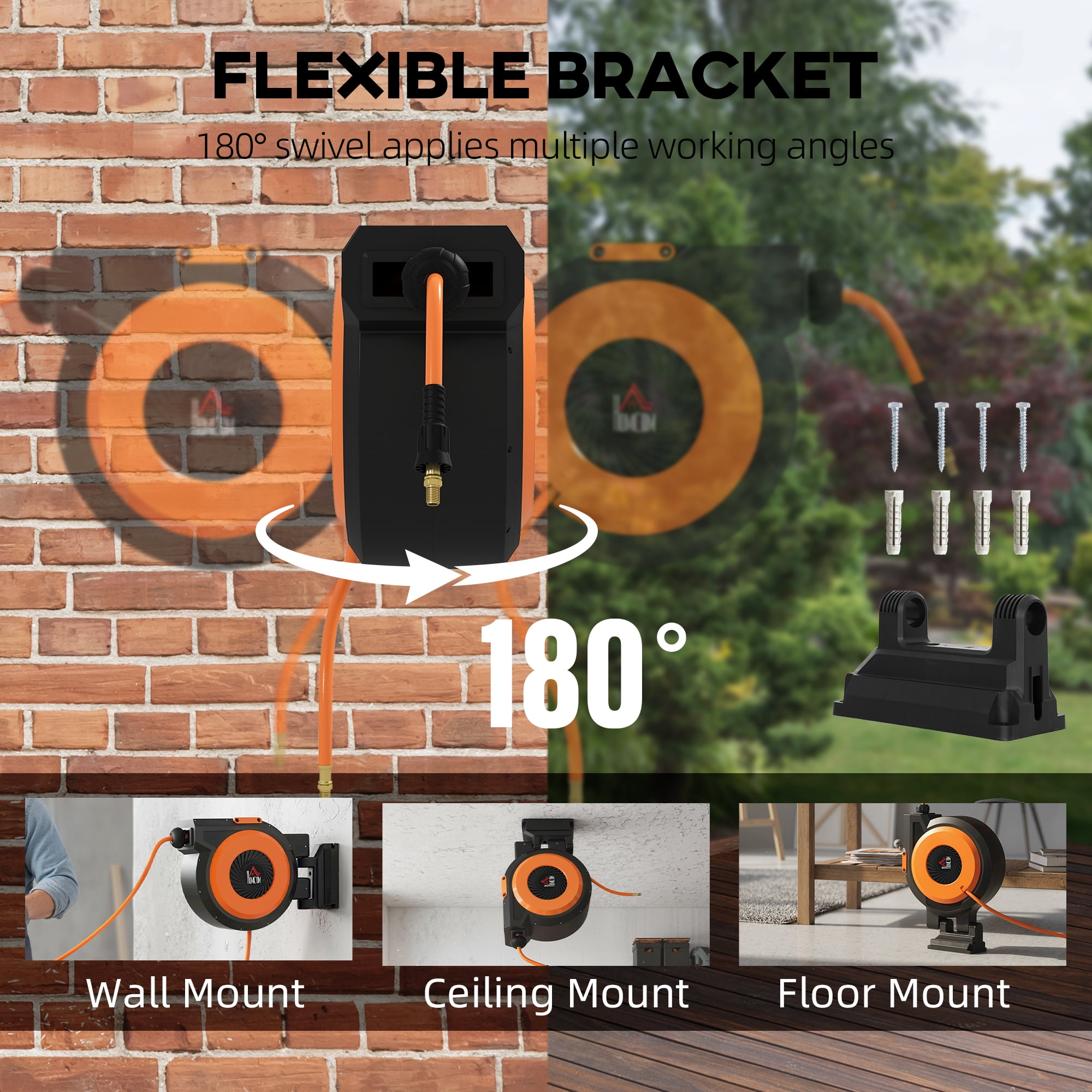 HOMCOM Retractable Air Hose Reel, Auto Rewind Air Compressor Hose Reel with Swivel Bracket, 3/8 in x 98 ft, 6.6 ft Lead in, 300 PSI, Black and Orange