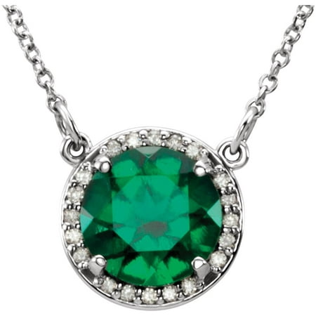 14k White Gold Gem Quality Chatham® Emerald & Diamond Halo Pendant 16