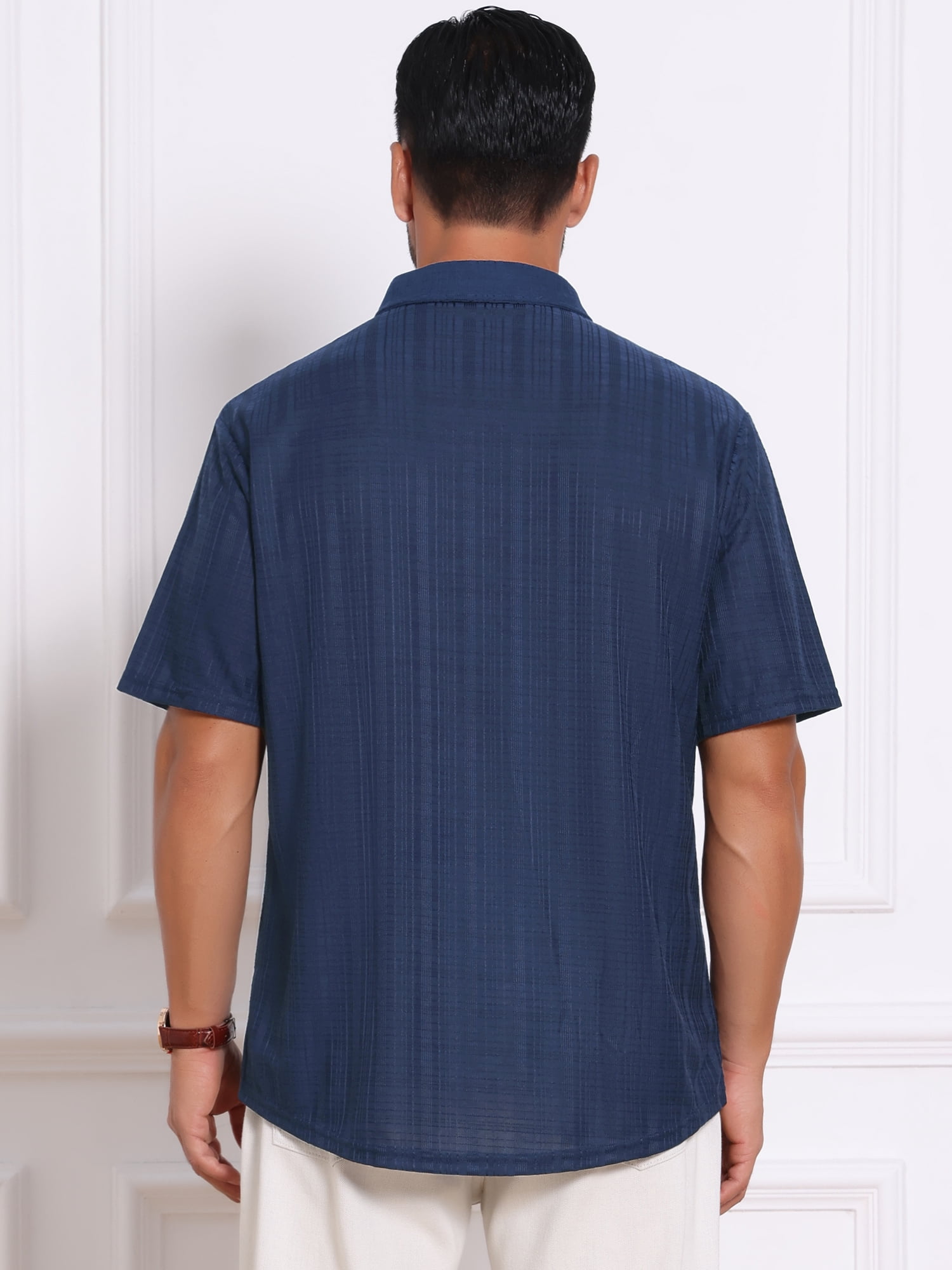 DARING DIVA Men's Texture Short Sleeve Button Down Casual Knitted Shirt XL Dark Blue