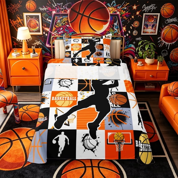 Castle Fairy Basketball Print Checkered Twin Sheets 3pcs, Vintage Watercolor Splash Bedding, Orange Black White,1 Fitted Sheet, 1 Flat Sheet and 1 Pillowcase