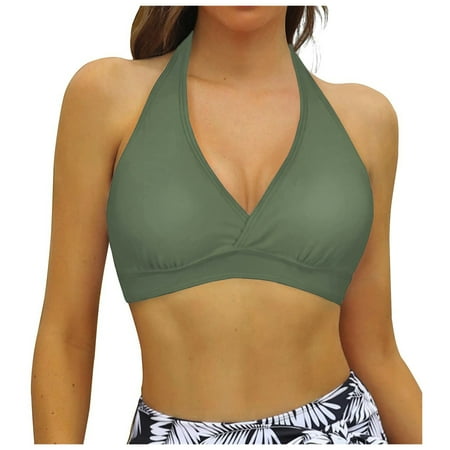 Quealent Women Bikini Top Push Up Swim Top Halter Retro Bathing Suit Top Padded Swimsuit Plus Size Swimsuit for Women On Clearance (AG XXL)