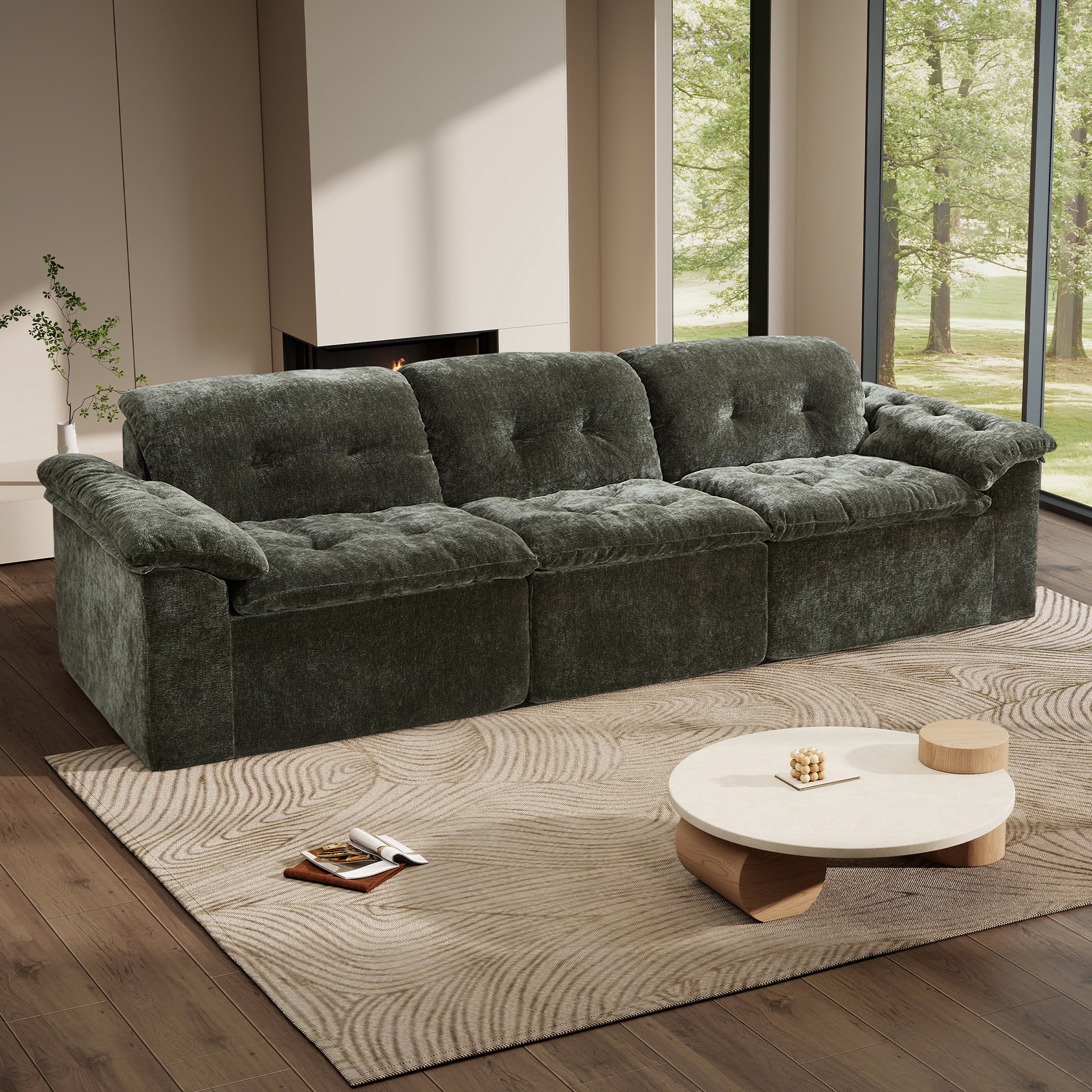 Aukfa 3-Piece Cloud Modular Sectional Sofa for Living Room, Ice Flower Chenille, Green