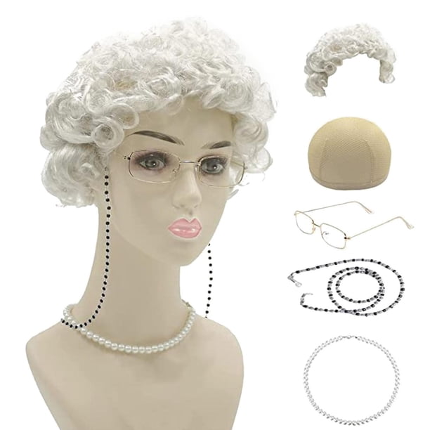 Conjunto de cosplay de anciana: peluca de abuela, gorro de peluca, gafas de abuela, correas de cordones para cadenas de gafas, cuentas de perlas