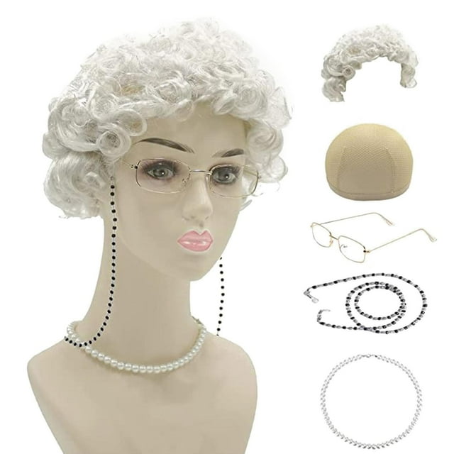 Conjunto de cosplay de anciana: peluca de abuela, gorro de peluca, gafas de abuela, correas de cordones para cadenas de gafas, cuentas de perlas