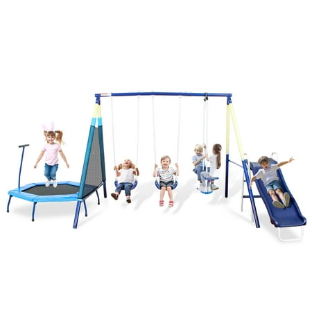 SMkidsport 5 In 1 Swing Set for Backyard  Playground Set for Kids with Slide  Movable Trampoline  Two Swing Seats and Glider  Playset for Outside