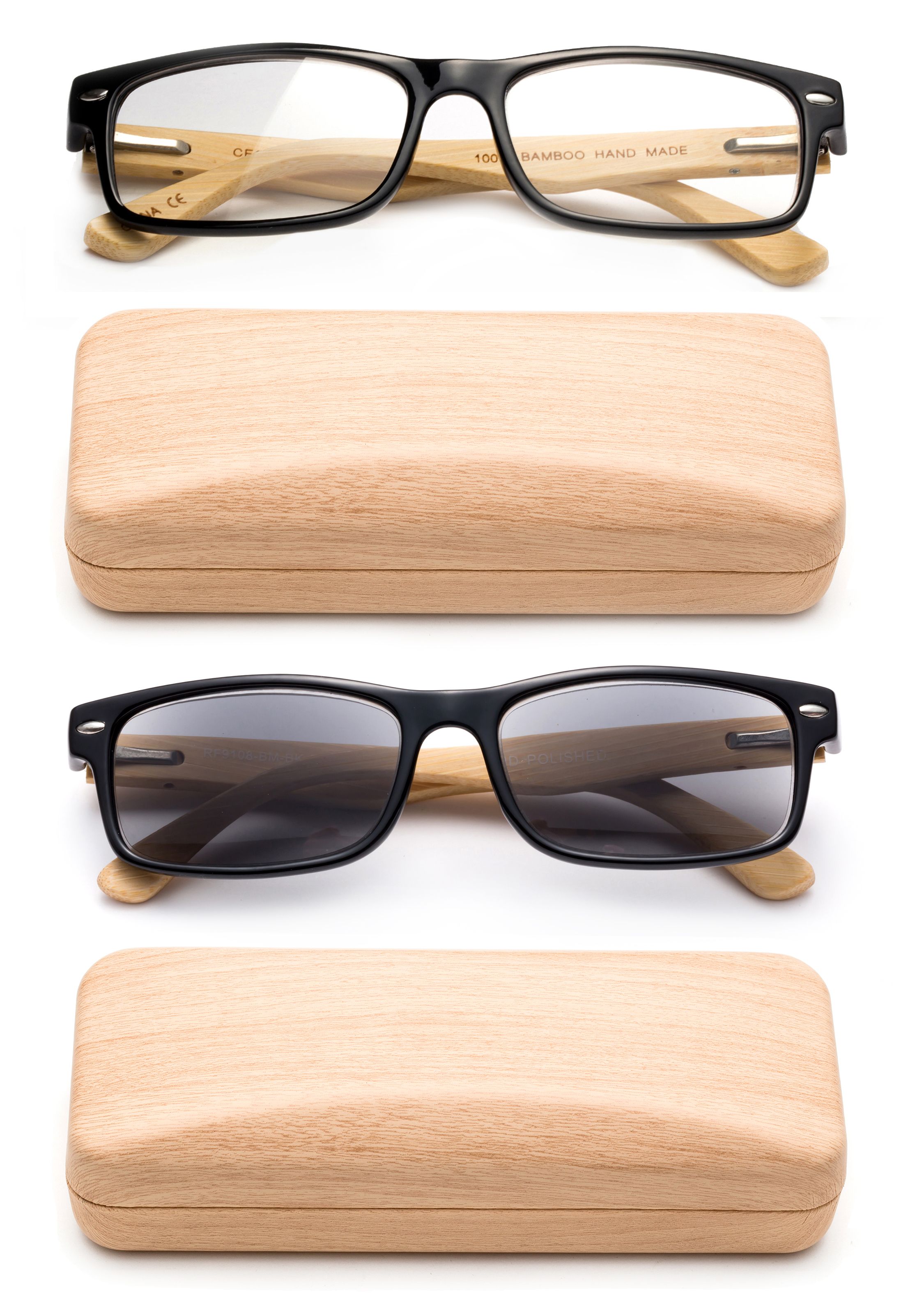 Real Bamboo Reading Glasses Spring Hinge Genuine Bamboo Rectangular