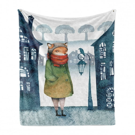 Winter Soft Flannel Fleece Throw Blanket, Fox Woman in Her Coat on a Chilly Day Foggy Street Along a Bird, Cozy Plush for Indoor and Outdoor Use, 50" x 70", Petrol Blue and Fern Green, by Ambesonne