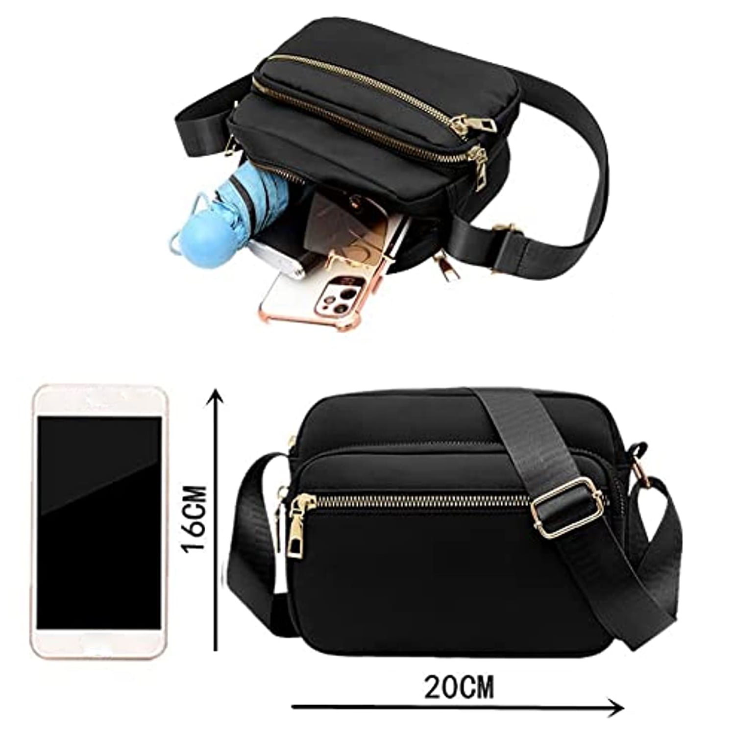 Women's Small Crossbody Bag - Waterproof Nylon, Adjustable Strap, 20x14x7 Cm, Black, Multi-Compartment