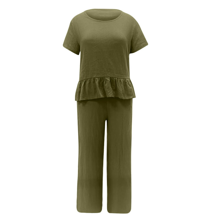 REORIAFEE Two Piece Lounge Outfits for Women Beach Outfits Women's Summer  Suit Fashion Short Sleeve Trousers Casual Two Piece Suit Army Green S 