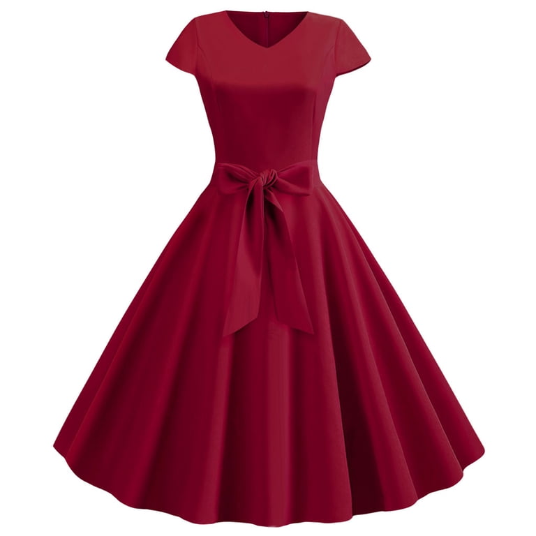 Ywdj 80s Homecoming Dresses 2024 Women Vintage Short Sleeve Swing 50s Housewife Casual Evening Party Prom Dress Wine XL