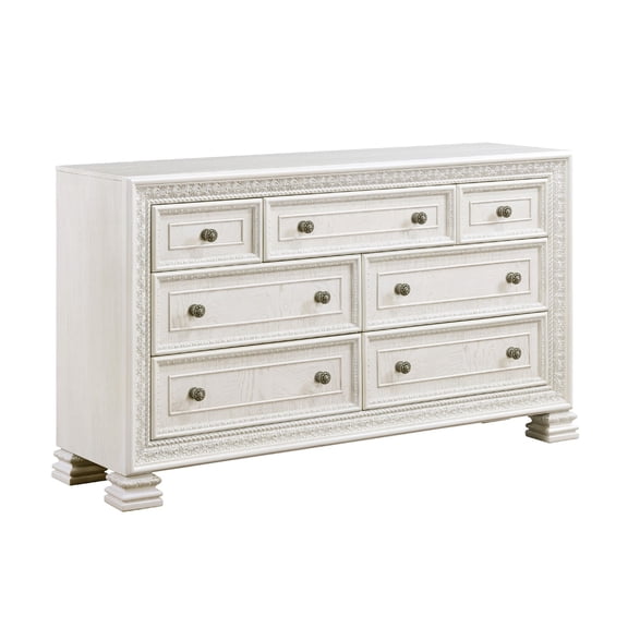 Benjara Rotu 68 Inch Wide Dresser, 7 Drawers Rope Molding, White Ash Veneer
