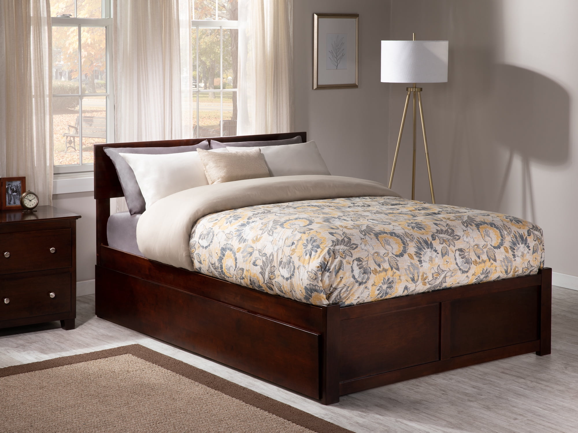 AFI Orlando Queen Wood Platform Bed with Headboard Footboard & Twin XL Trundle, Walnut