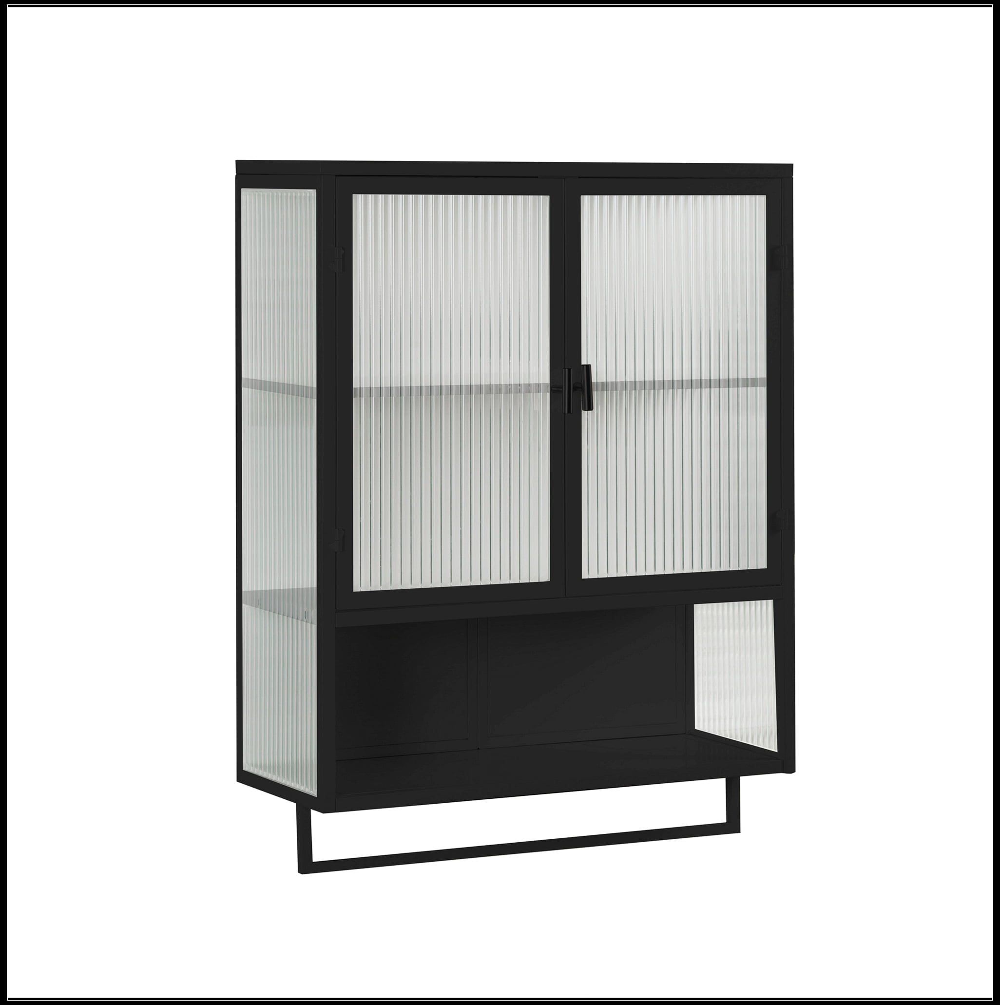 23.62"Glass Doors Modern Two-door Wall Cabinet with Featuring Two-tier Enclosed Storage, an Open Shelf, and Towel Rack, for Entryway Living Room Bathroom Dining Room,Black