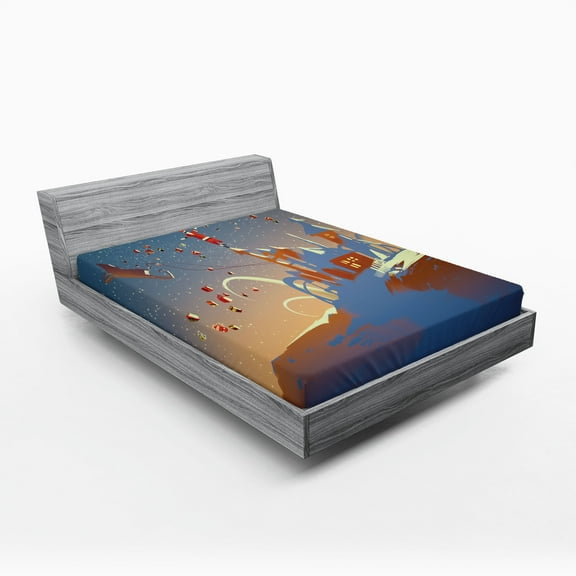 Ambesonne Christmas Fitted Sheet, Santa Claus and Gift, Queen Size, Multicolor