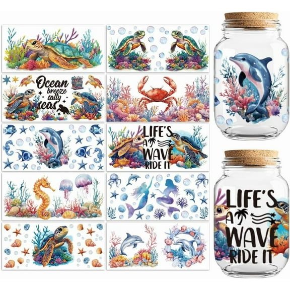 Colorful UV DTF Cup Transfer Wraps Stickers Marine Life 10 Sheets Waterproof Vinyl 16oz Coffee Glass Cup Tumbler Bottle Mug Decals for Men Women