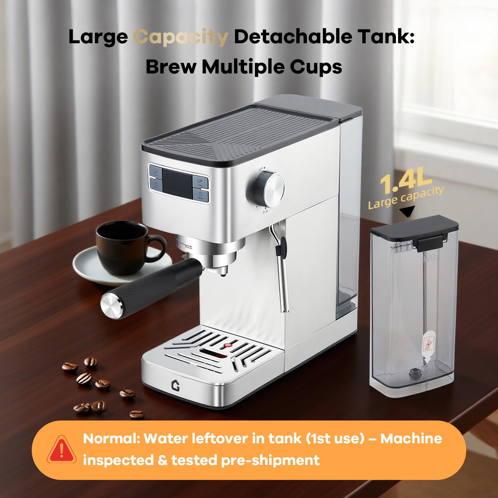 Gaderth Espresso Machine, Stainless Steel Coffee Machine with 20-Bar Pump Pressure, Steam Wand for Milk Frothing, Espresso Americano Cappuccino Latte, Compact Home Coffee Maker, 120V