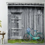 Farmhouse Vintage Shower Curtain for Bathroom,Teal Bicycle with Pastel Floral on Green Grass Field Fabric Shower Curtain with Hooks,Western Grey Barn Door Bathroom Curtain Shower Set, 72x78 inches