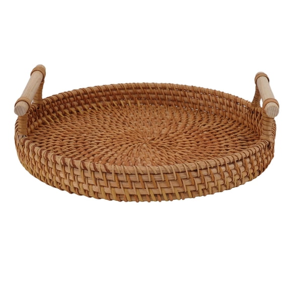 Round Rattan/Woven Tray, Coffee Table Basket Round Serving Tray with Handles Round Trays Home Decor for Coffee Table Fruits, Vegetables