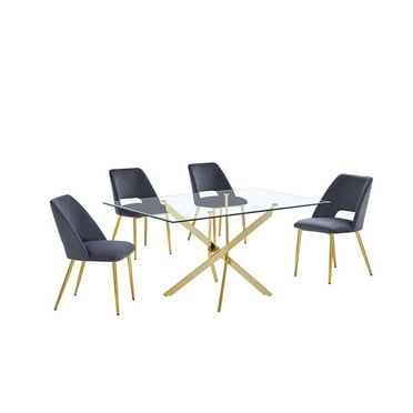 Rectangle 60" x 38" 5pc Clear Glass Dining Set with Dark Gray Chairs