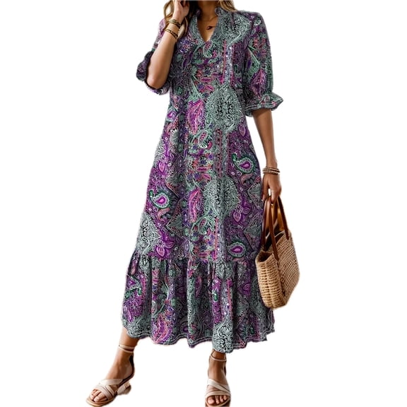 Women's Bohemian Paisley Print Midi Dress with Ruffle Hem Plus Size Full Length 100% Polyester Fabric for Everyday Wear