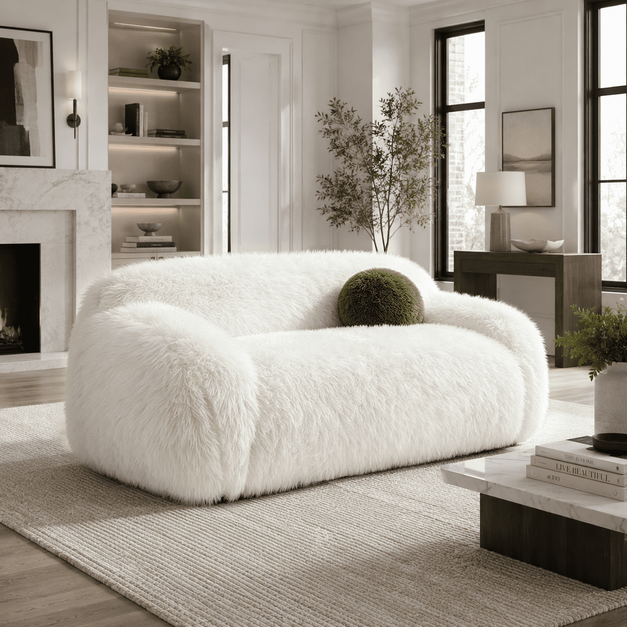 Aenkyo 67 Inch Plush Faux Fur Loveseat Sofa, 25 Inch Deep Seat 2-Seater Couch with Ball Pillow, White