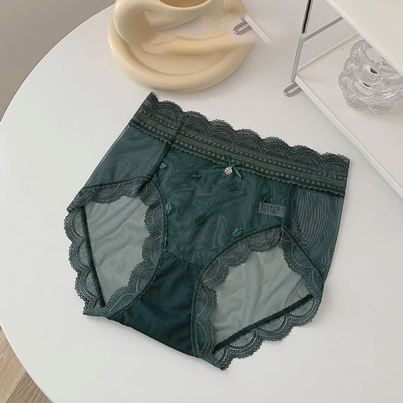 VONCOS Womens Lace Panties Dark Green - Nylon Spandex Mid Rise Bikini Underwear, Breathable Sheer Mesh Comfortable Everyday 1 Piece,Size L