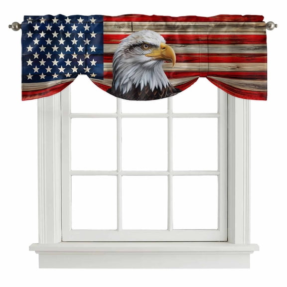 American Flag Tie Up Valance Curtains for Windows, Kitchen Curtains Window Treatments, Eagle Blue Red USA Flag Vintage Short Window Shades Valances for Bedroom Bathroom Cafe 54"x18"