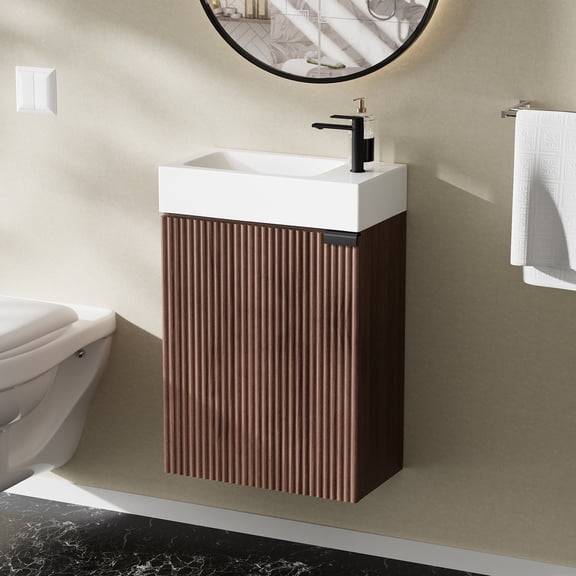 16" Bathroom Vanity with Sink & Cabinet, Soft-Closing Doors, Adjustable Shelf, Wall-Mounted Wooden Storage Vanity with Drain Assembly, Space-Saving for Small Toilet/Bathroom