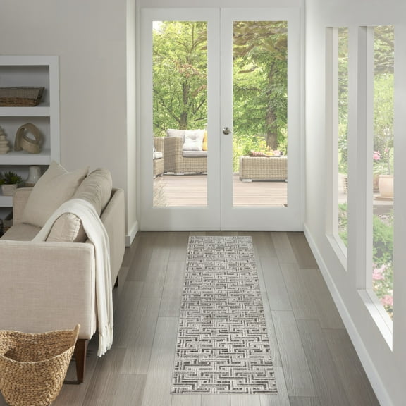 Nourison Serenity Home Geometric Grey Ivory 2'2" x 7'6 Area Rug (2x8)