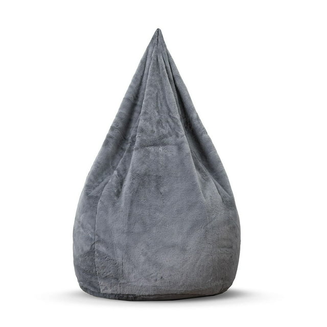 Charcoal gray Gouchee Home Agora bean bag chair made of soft faux rabbit fur polyester with polystyrene bead filling, designed for comfortable seating in dorms or living rooms.