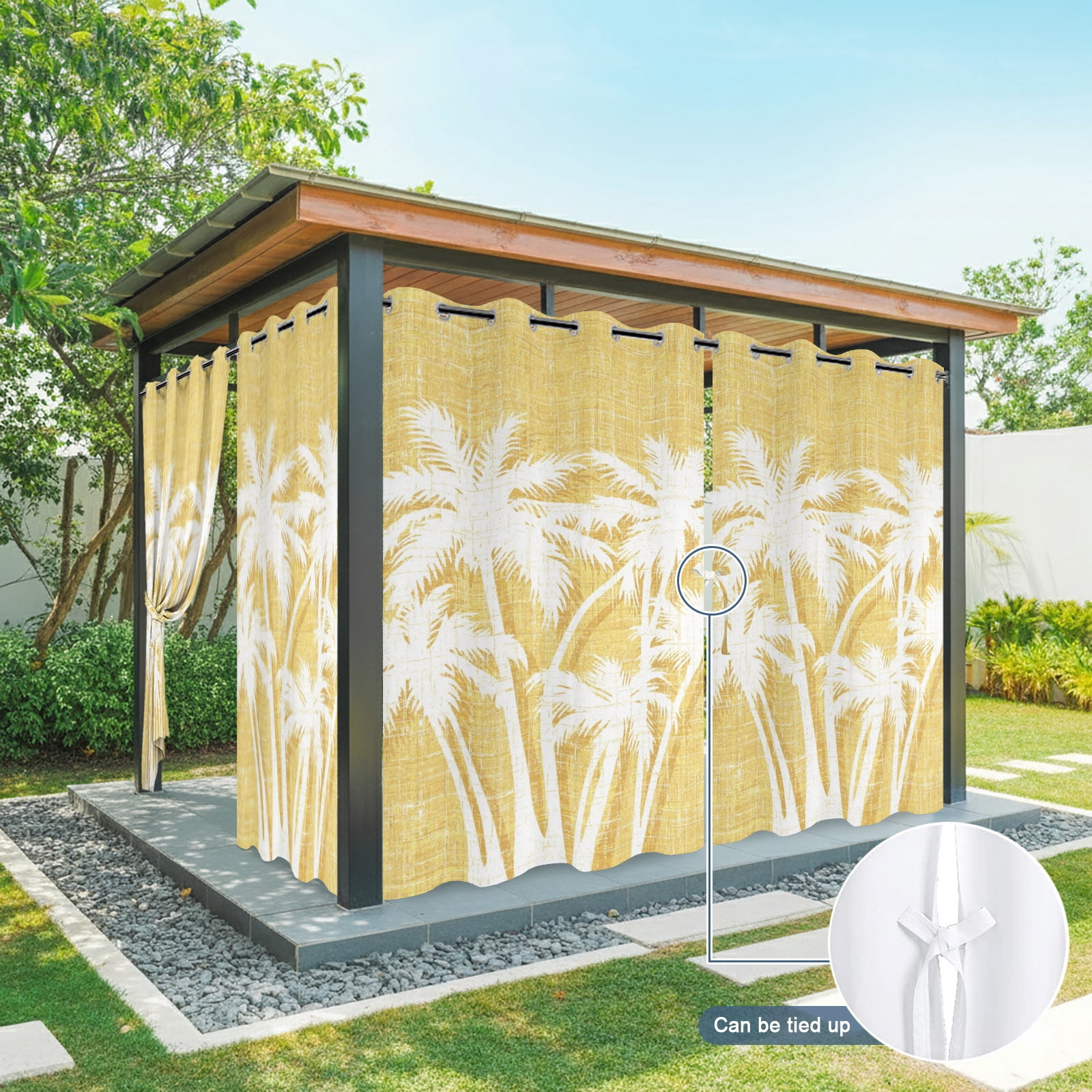 Palm Tree Outdoor Curtains for Patio, Tropical Plant Coastal Summer Yellow Sunshade Privacy Drapes Grommet Waterproof Outside Curtains for Porch/Cabana/Balcony 54"x 108", 1 Panel