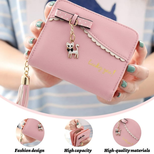 JFBUJC Small Wallet for Women Girls PU Leather Bifold Short Wallet Tassels Cute Cat Women Wallet Ladies Purse with Coin Pocket