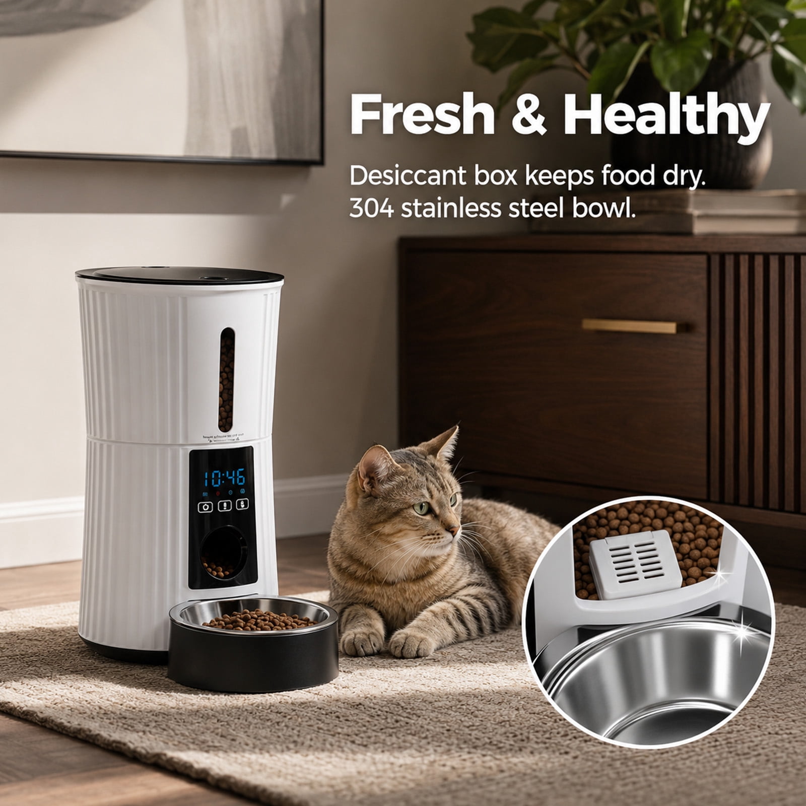 Alvantor Timed Automatic Cat Feeder, 4L Programable Dry Food Dispenser with Desiccant Bag Dual Power Supply 10S Voice Recorder, Smart Pet Feeder for Cats and Small Medium Dogs