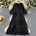 thumbnail image 5 of Dulce vestido Vintage con cuello en V, vestidos de manga acampanada, Patchwork de encaje, suelto, línea A, longitud media, vacaciones, 5 of 5