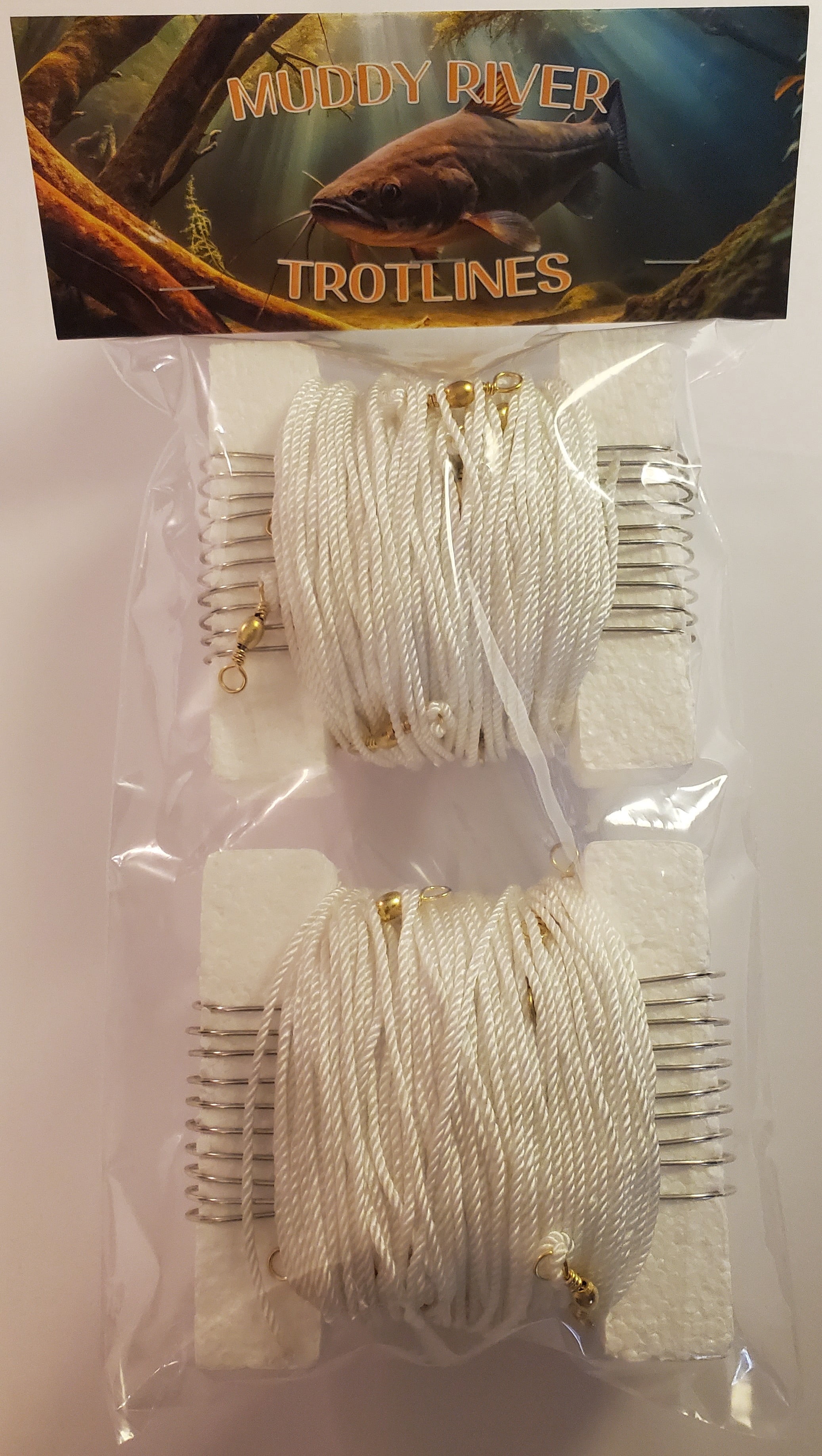 Muddy River Trotlines Package of 2 Complete Trotline kit Including Mainline prerigged with Swivels, Leader Lines and Hooks., 100 feet, white