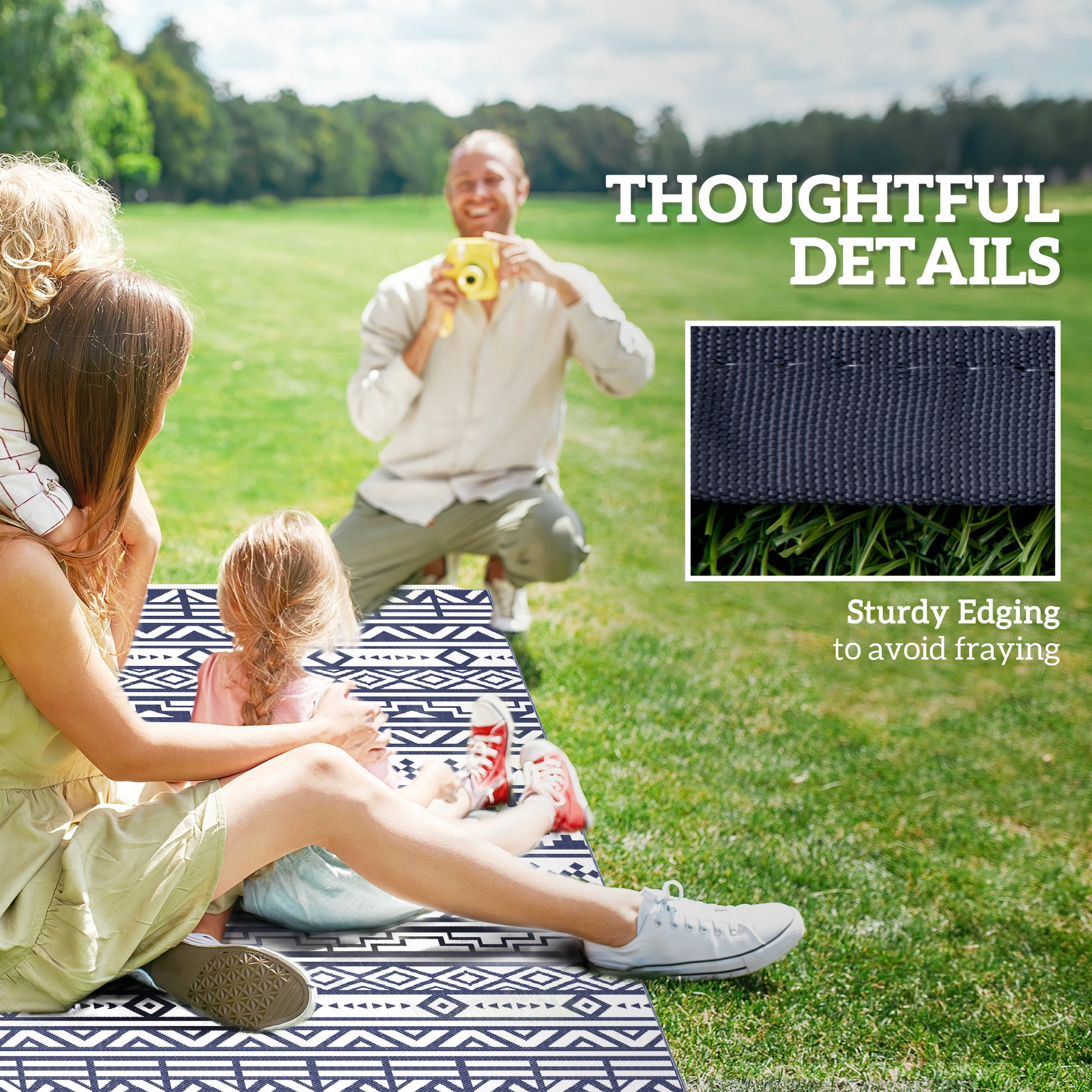 Outsunny Outdoor Patio Rug, Large Camping Carpet with Carrying Bag, 6' x 9' Waterproof Plastic Straw, Reversible, Blue & White Geometric