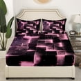 thumbnail image 2 of 3D Geometric Full Fitted Sheet Abstract Aesthetic Sheets Full Black and Pink Bed Sheets Glowing Futuristic Cubes Bed Cover Neon Grid Bed Set(Deep Pocket), 2 of 5