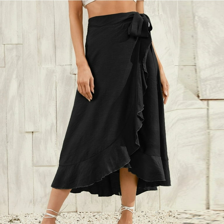 Women's Boho Floral Print Wrap Ruffle Trim Flowy Maxi Skirts High Waist Boho Skirt Pleated A Line Long Skirt Slit